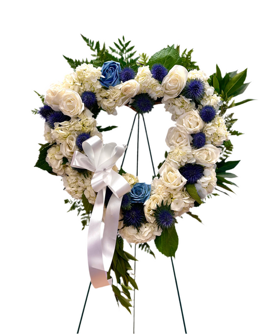 Blue Blossoms Open Heart Funeral Arrangement