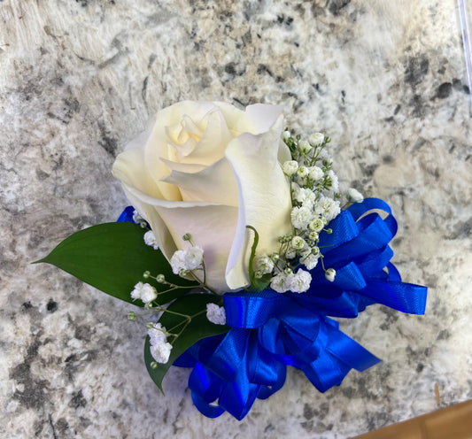 White Rose and Blue Ribbon Corsage