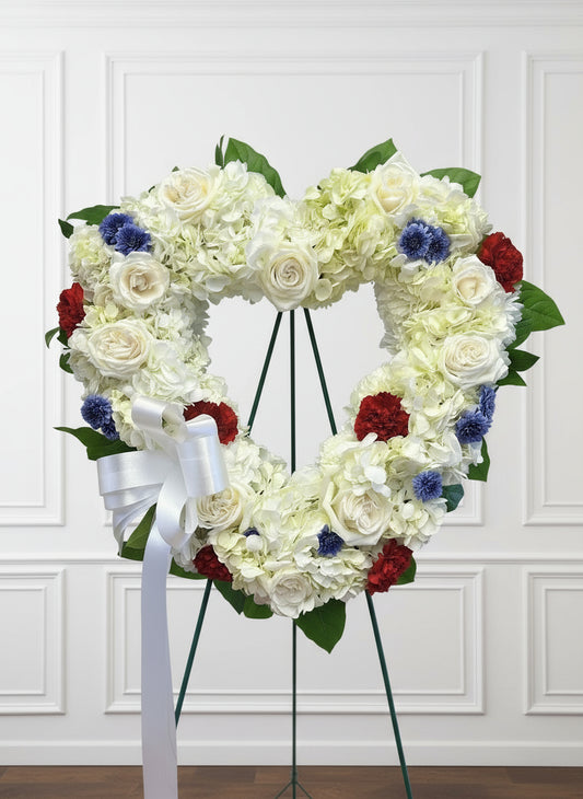 Red White and Blue Open Heart Funeral Arrangement
