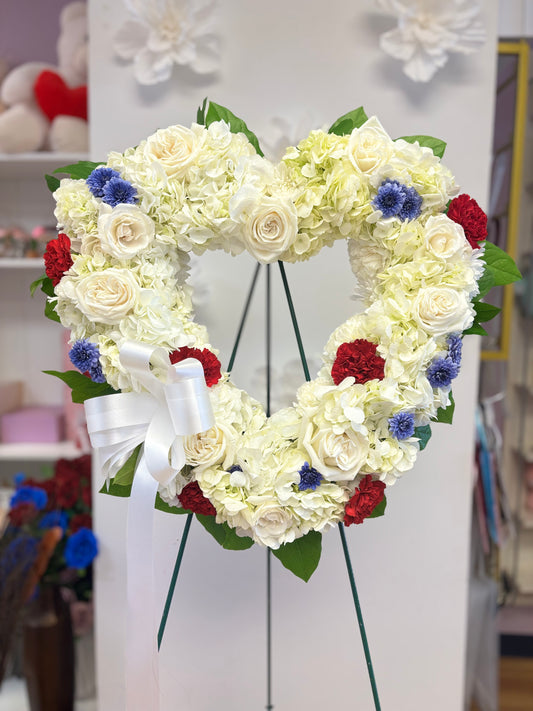 Red White and Blue Open Heart Funeral Arrangement