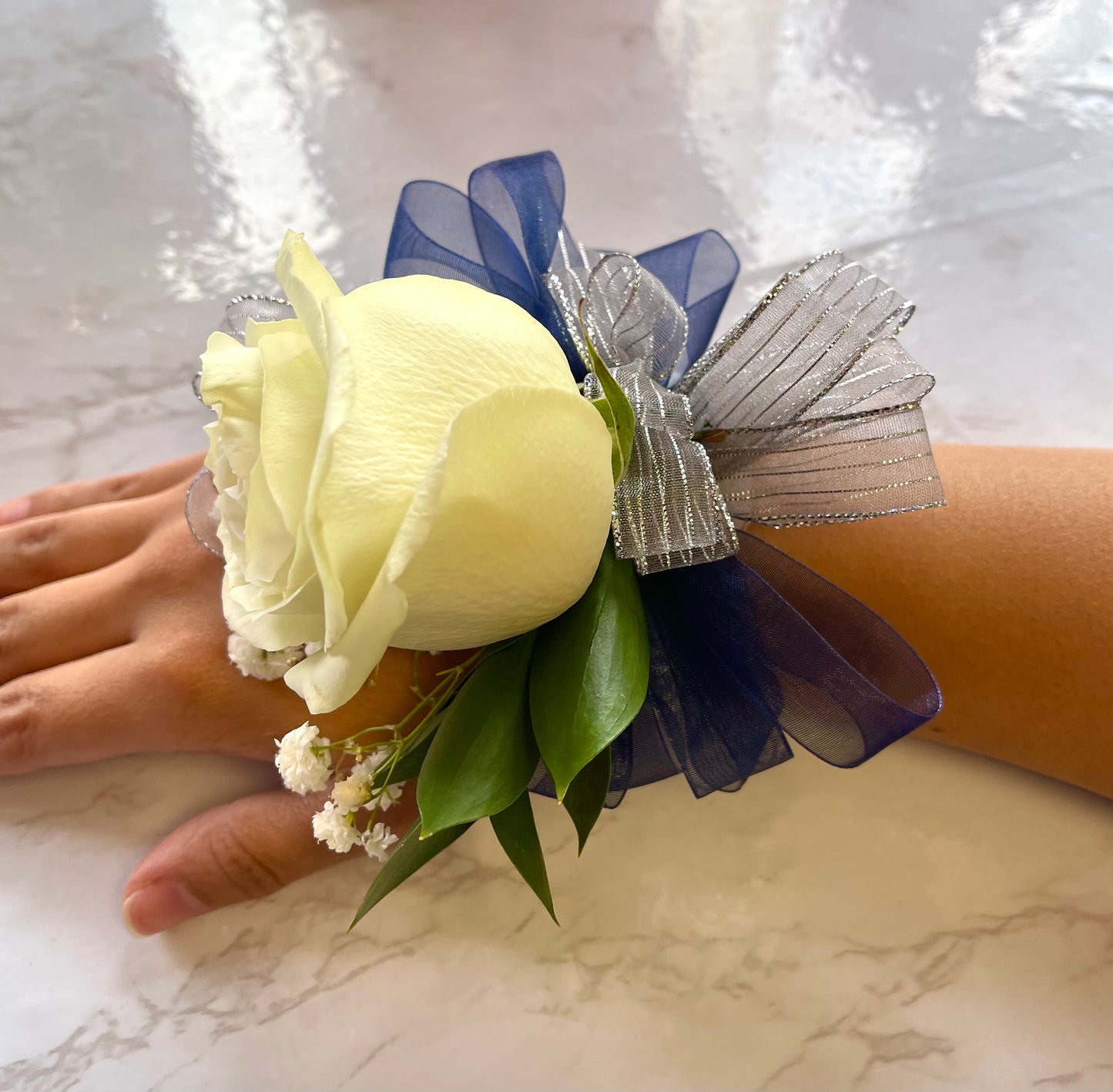 Blue and Silver Corsage