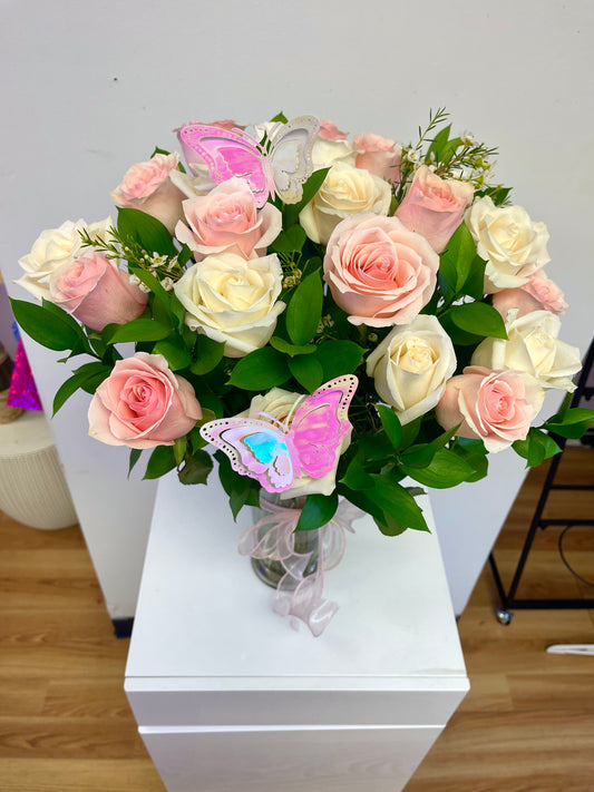 Two Dozen Pink and White Roses