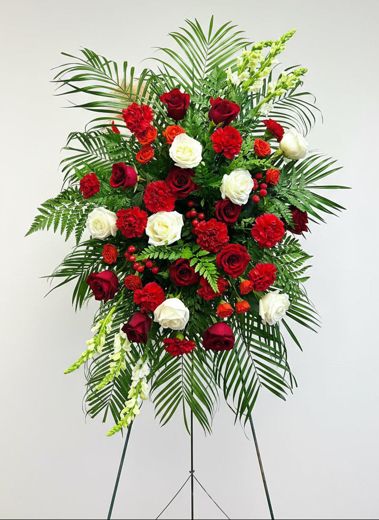 Red and White Funeral Standing Spray