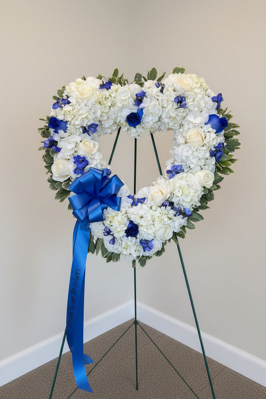Blue Blossoms Open Heart Funeral Arrangement