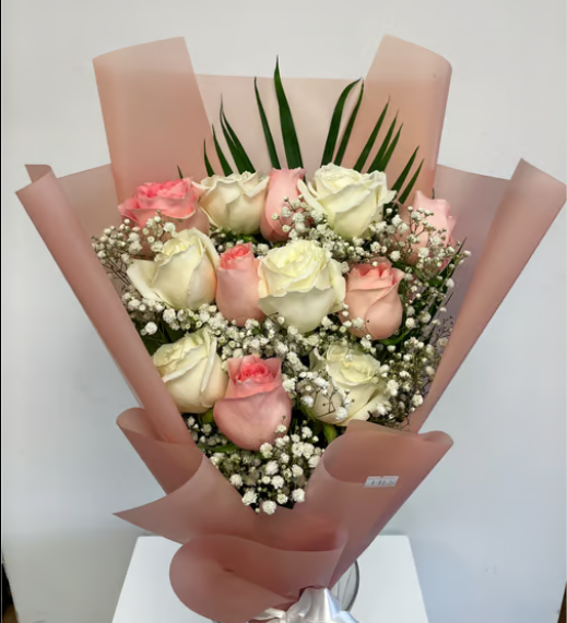 Dozen Pink and White Roses