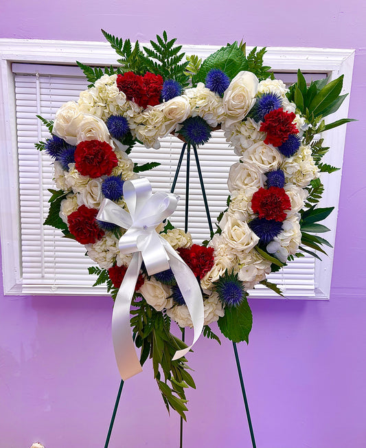 Red White and Blue Open Heart Funeral Arrangement